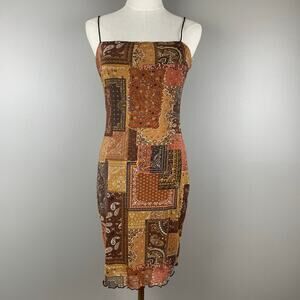 Y2K Patchwork Mesh Paisley Bandana Style Slip Dress Boho Fairy Grunge Brown Midi